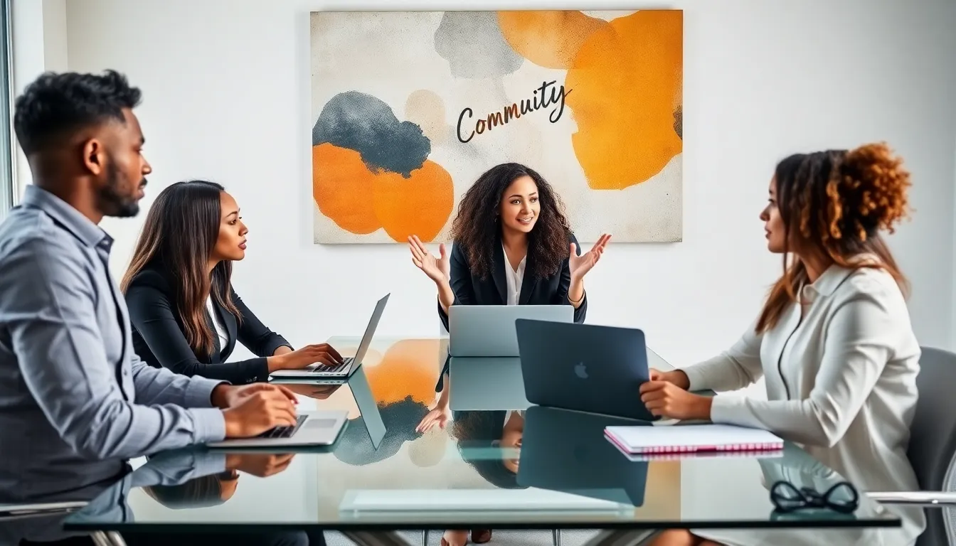diverse professionals discussing values in a modern office setting.