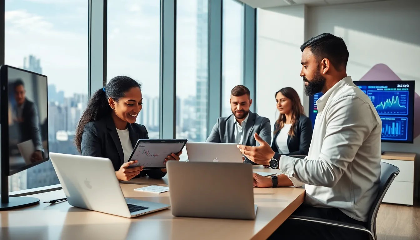 diverse team collaborating in a modern office on digital business strategies.