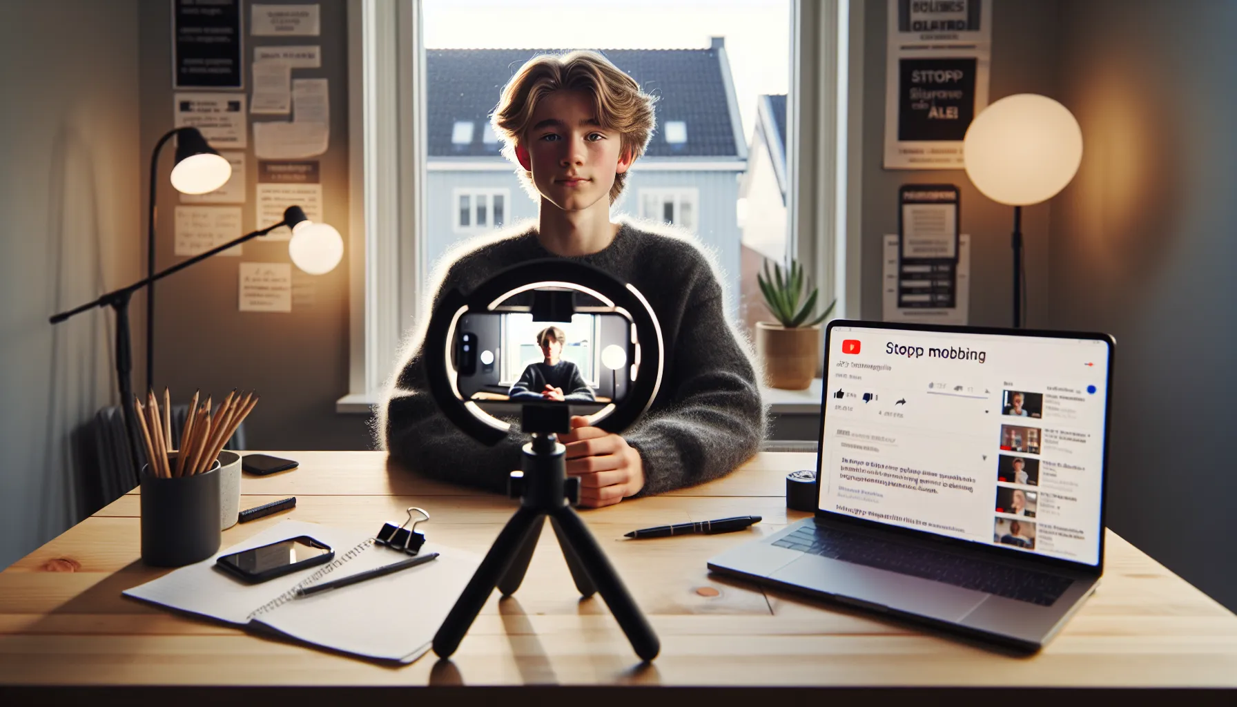Norwegian teen filming anti-bullying content with captions and platform tools.