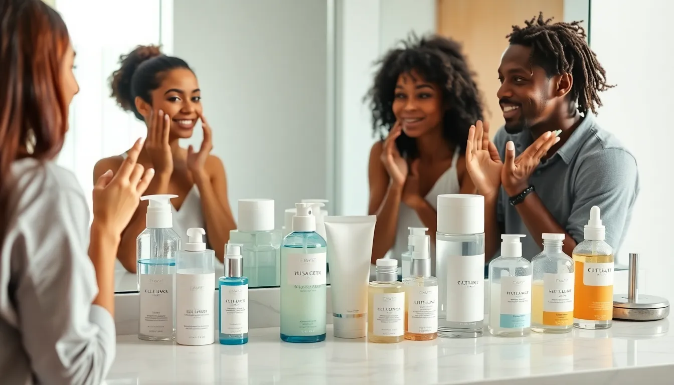 diverse individuals discussing skincare products for oily skin.
