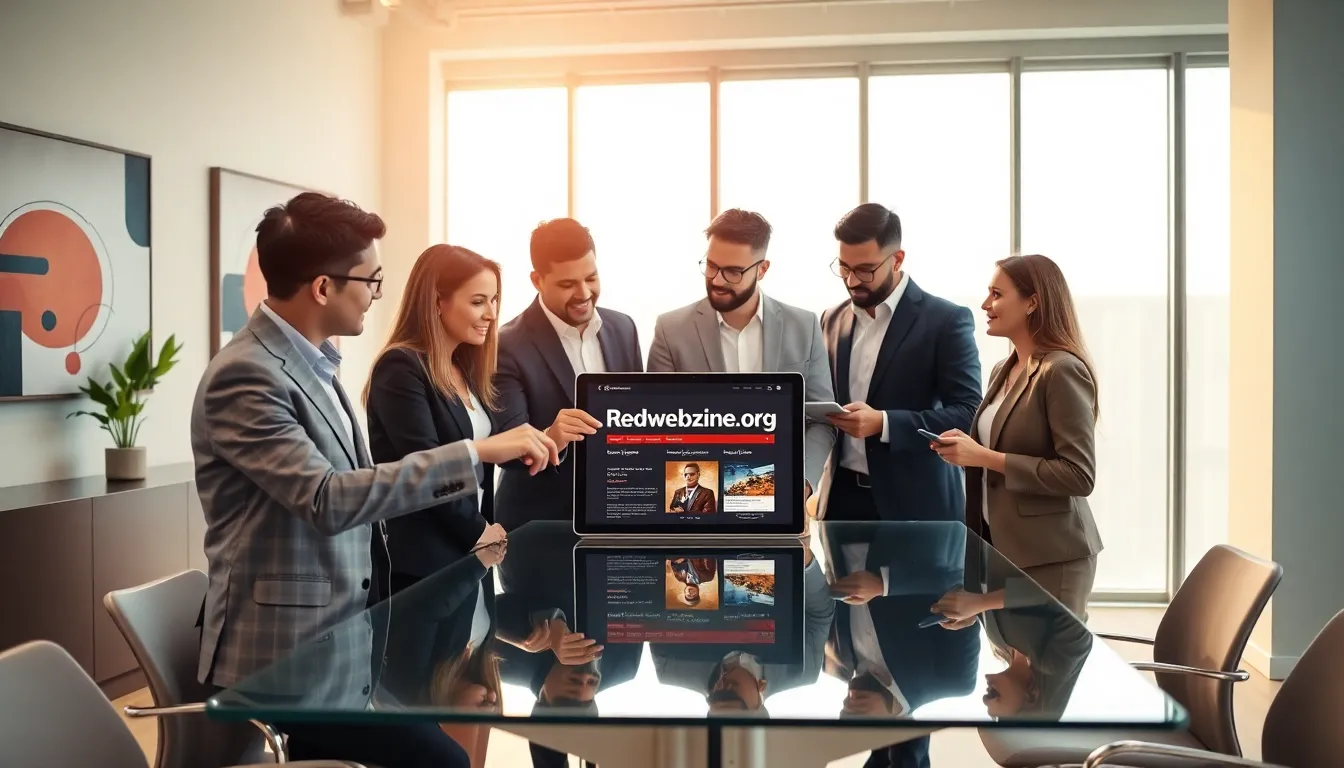 diverse team discussing digital content in a modern office.