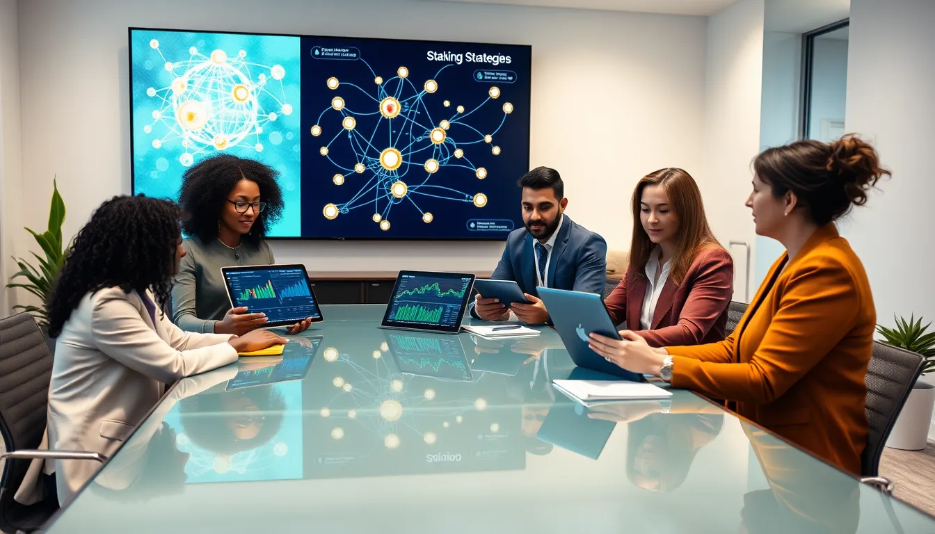 diverse professionals discussing blockchain staking in a modern office.