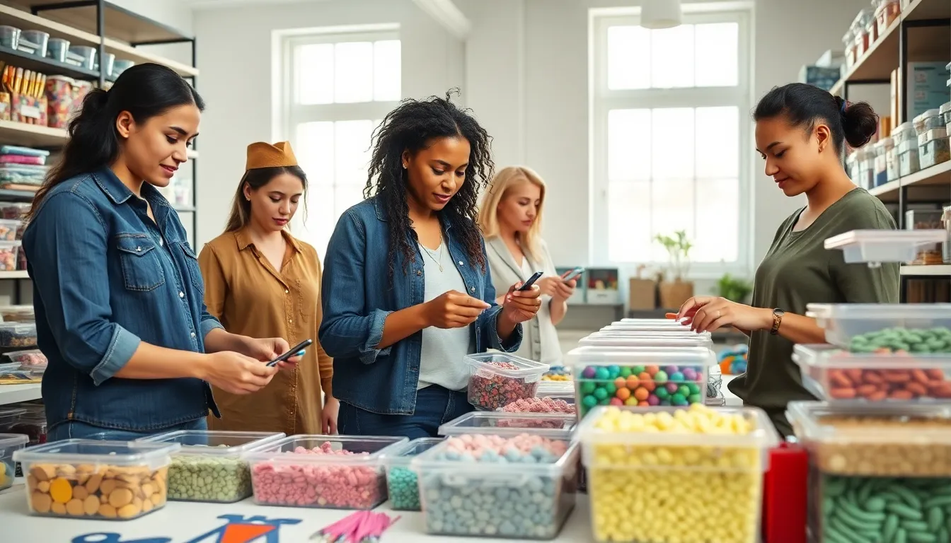 diverse group organizing arts and crafts supplies in a bright studio.