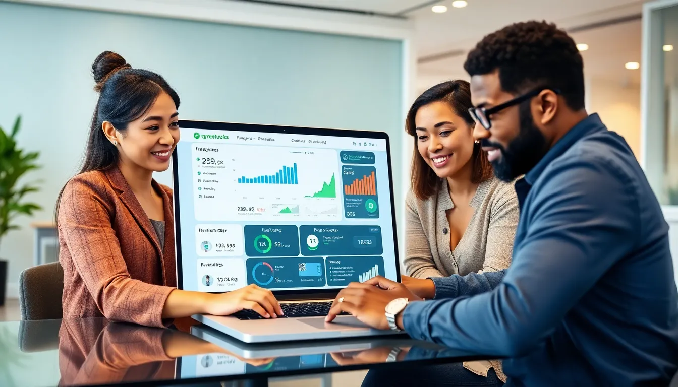 professionals discussing financial services on a sleek laptop in a modern office.