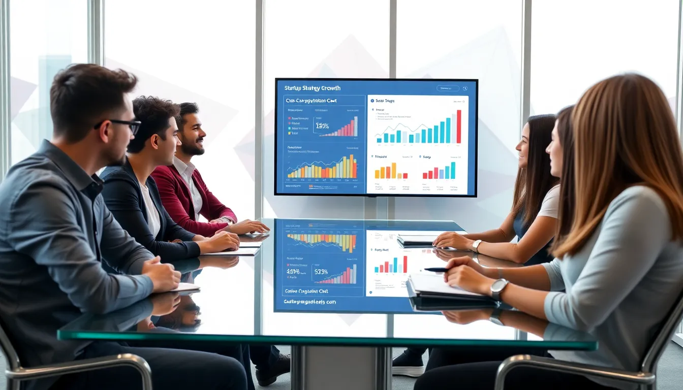 diverse team discussing startup growth strategies in a modern office.