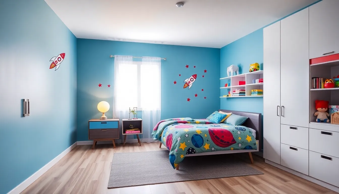 colorful boys' bedroom with space theme and modern decor.