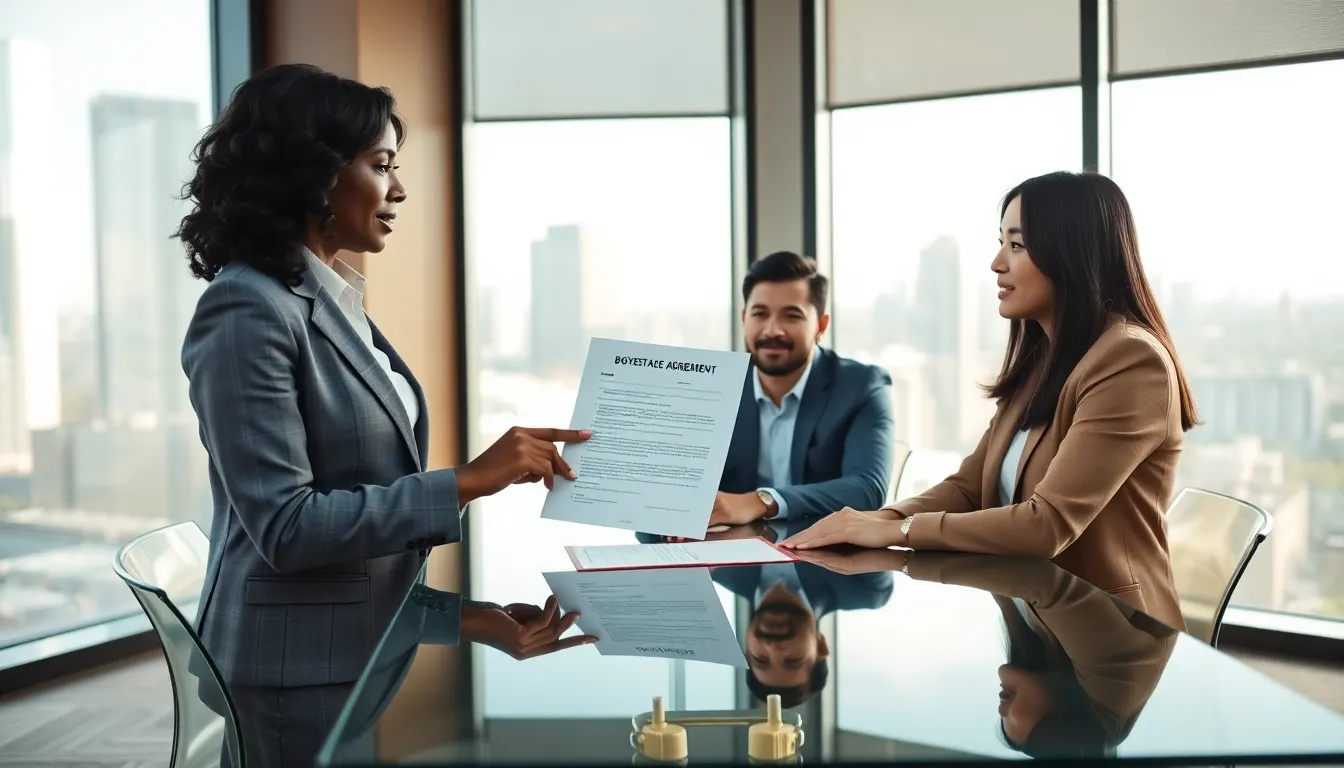 real estate agent presenting a buyer brokerage agreement to clients in an office.