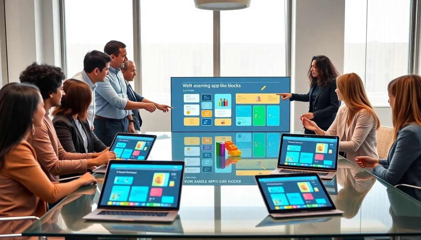 diverse team collaborating on a low code platform in a modern office.