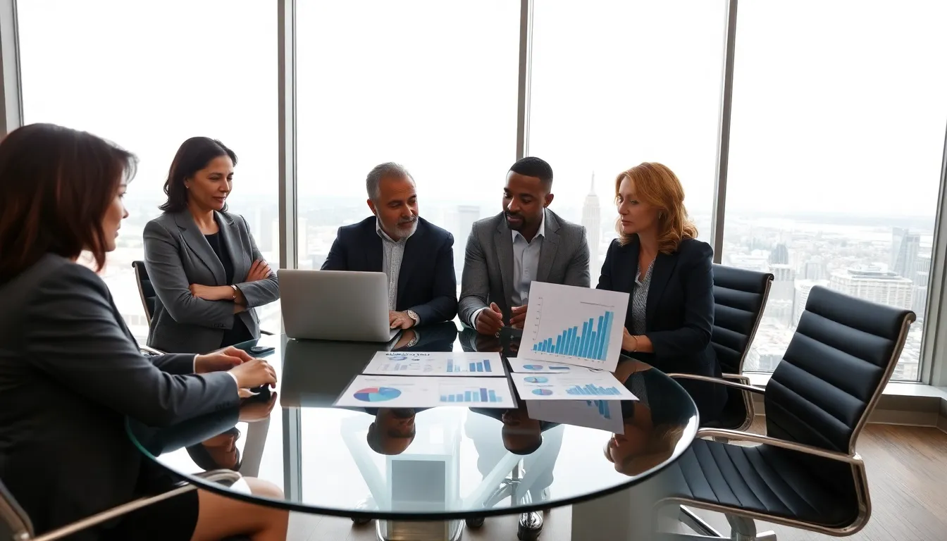 diverse professionals discussing financial growth in a modern office.