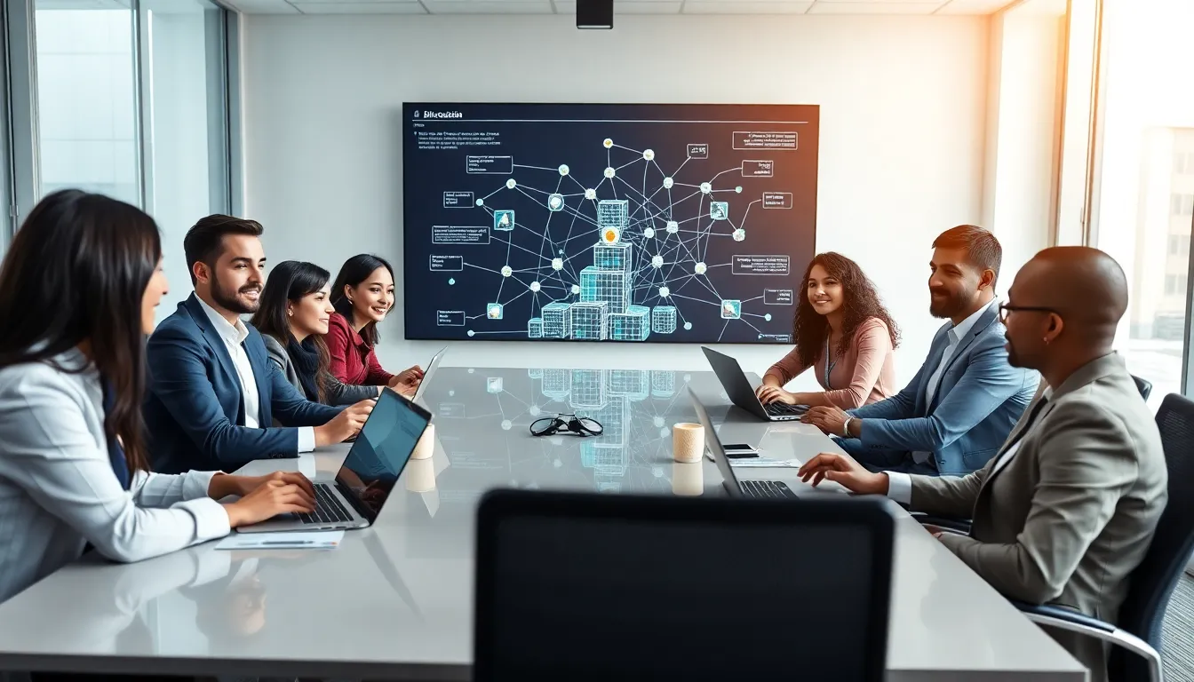 professionals discussing blockchain technology in a modern office setting.