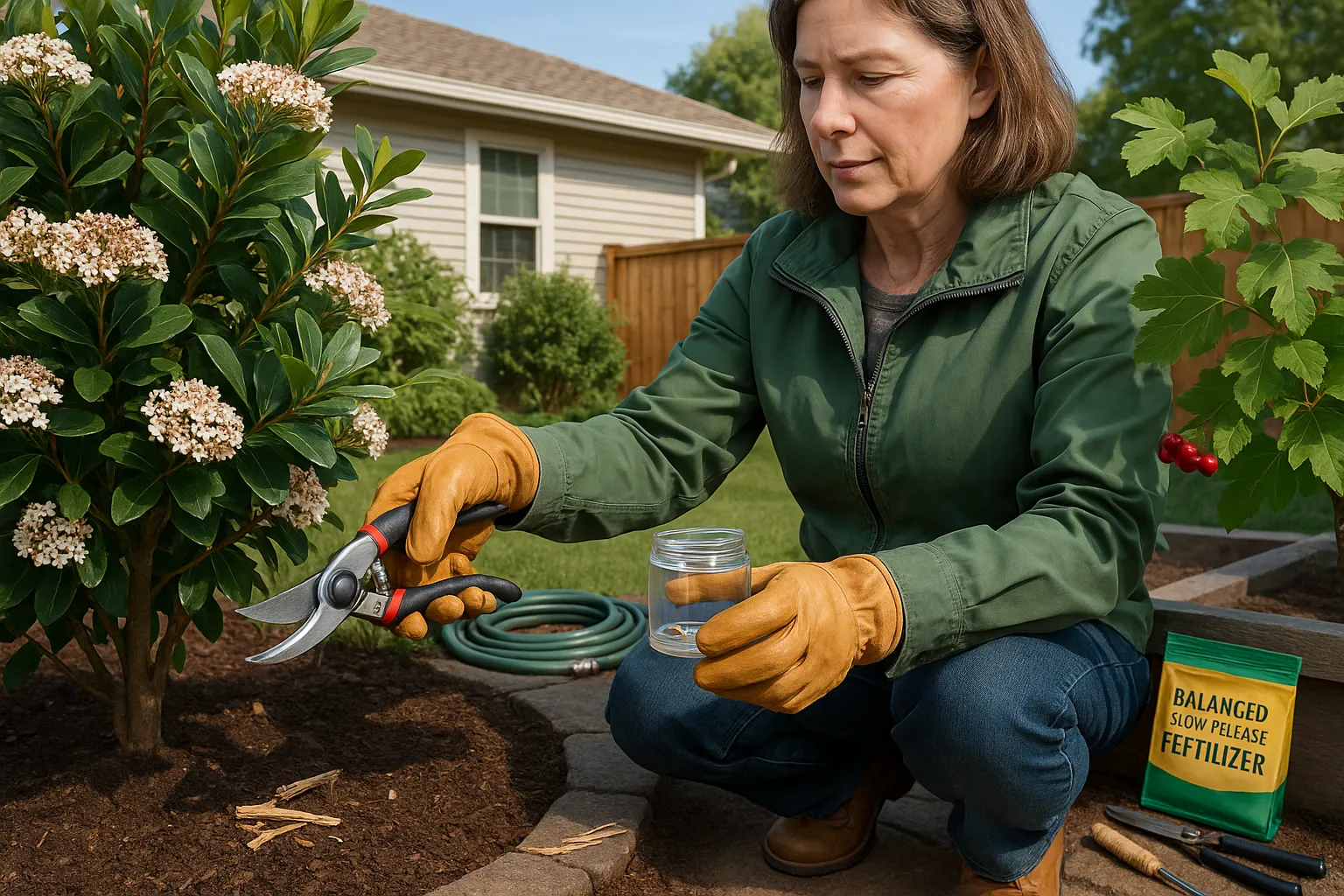 Gardener pruning Viburnum tinus with Viburnum opulus and beetle-damaged leaves nearby.