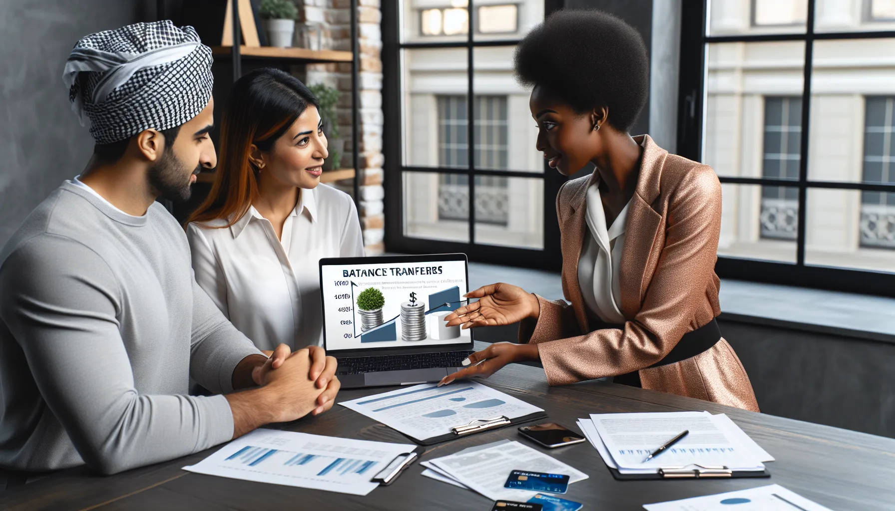 A financial advisor explains balance transfer benefits to a young couple with visual aids.