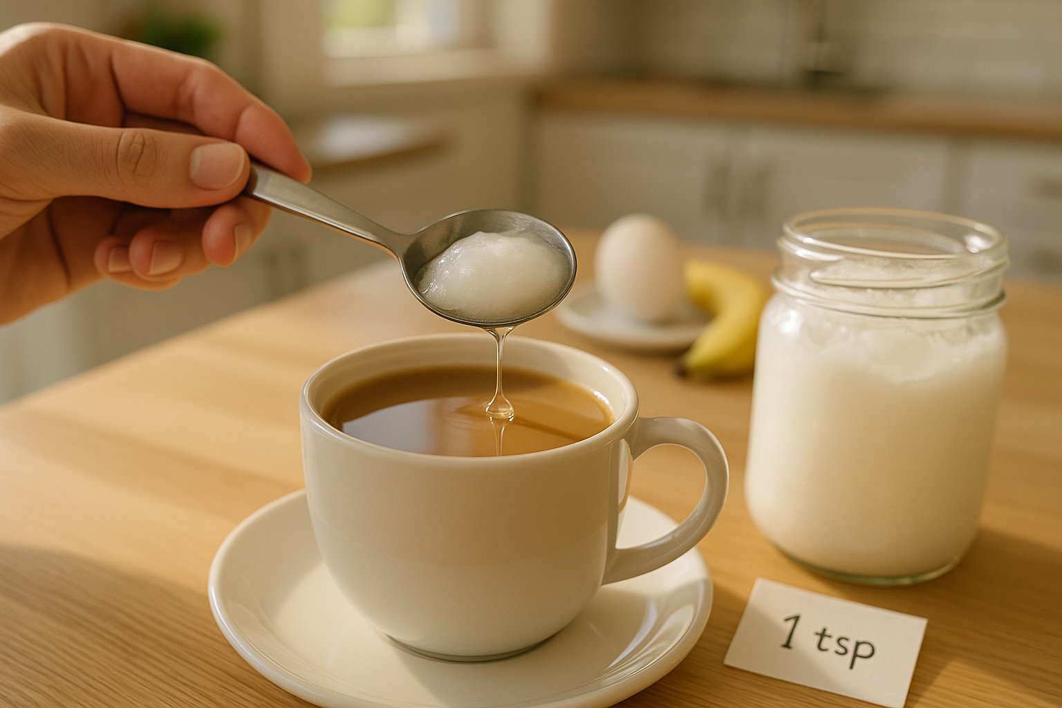 A teaspoon of coconut oil being added to a cup of coffee.
