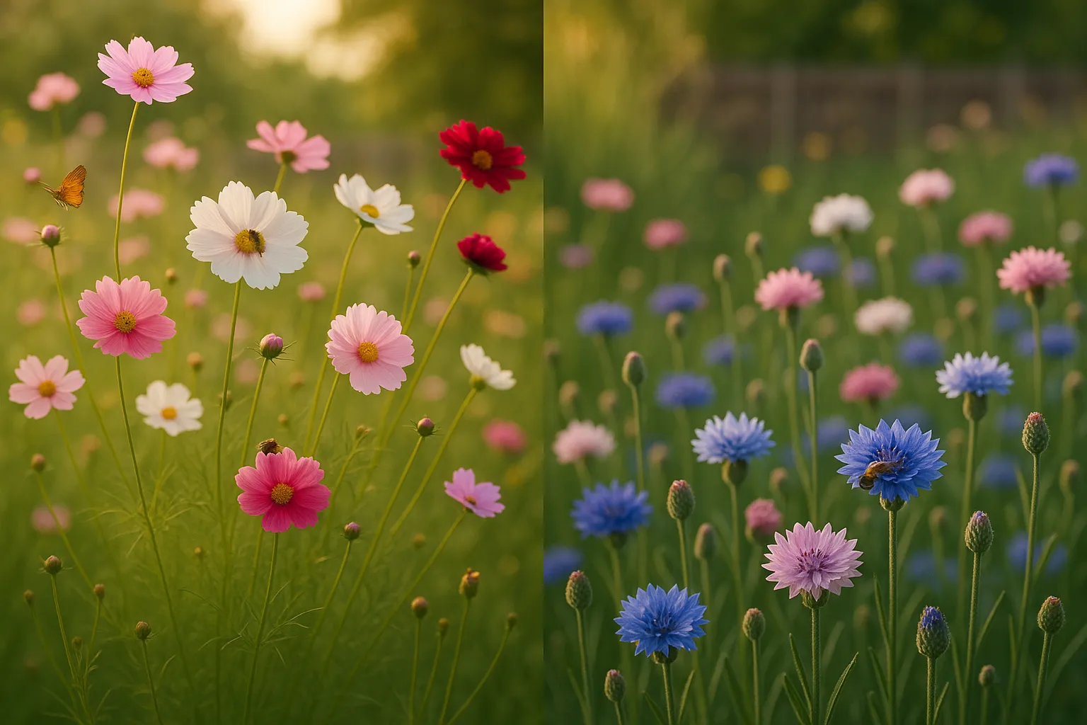 Tall lacy cosmos beside shorter, stiff blue cornflowers in a sunlit garden.