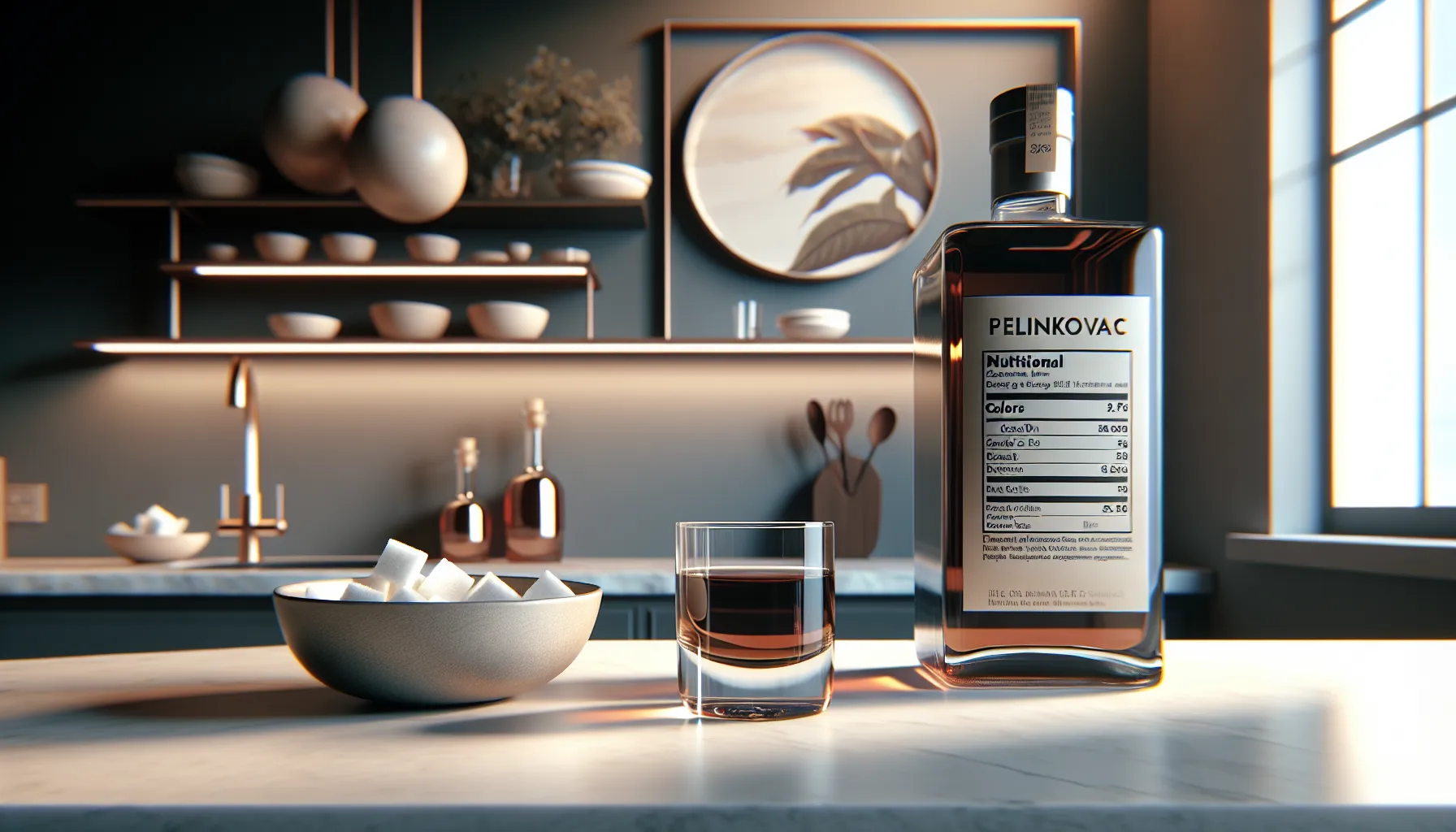 Pelinkovac shot glass and nutrition facts in a modern Croatian kitchen.