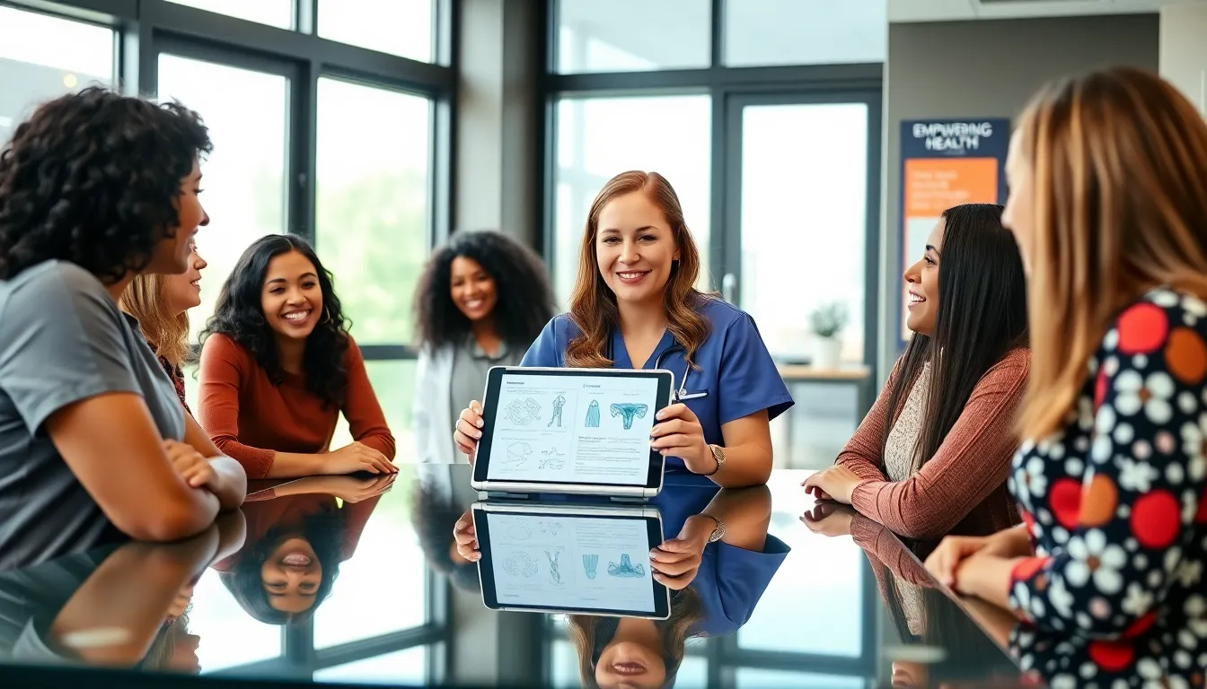 Women's Health Nurse Practitioner consulting with diverse women in a modern clinic.