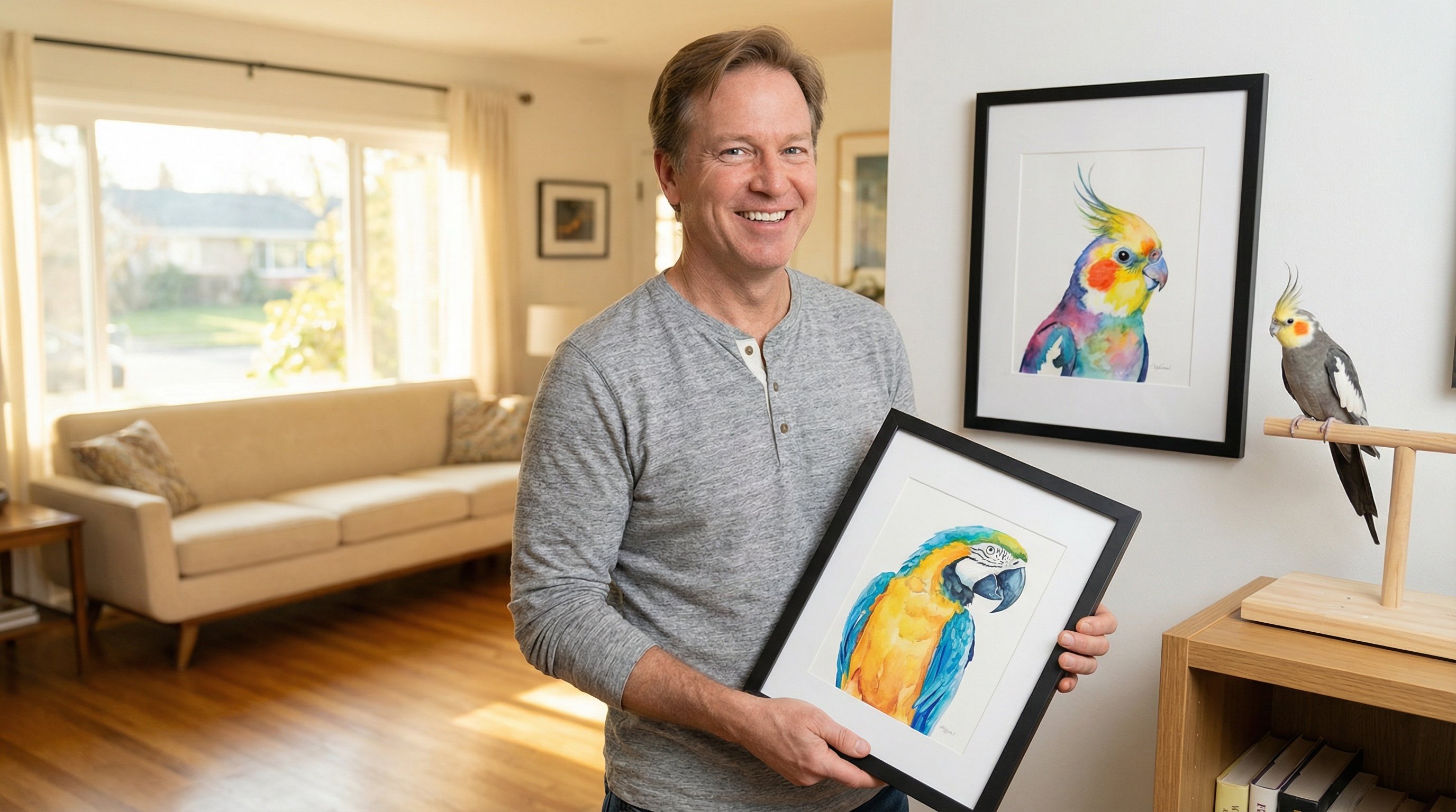 Man smiling beside framed custom bird portrait art in a sunny living room.
