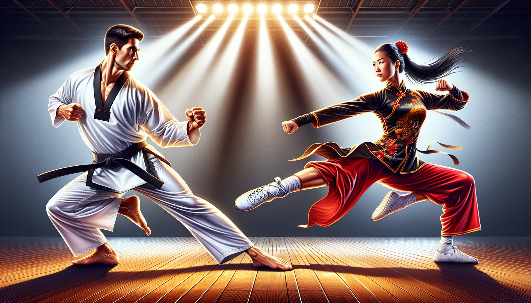 Two martial artists demonstrate Taekwondo and Kung Fu techniques in a gym setting.