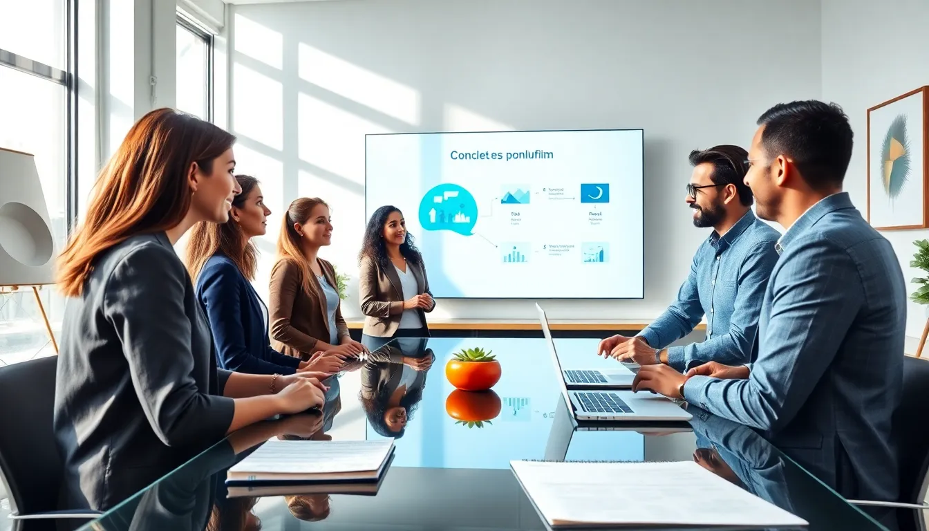 diverse team discussing the concept of ponlufilim in a modern office.
