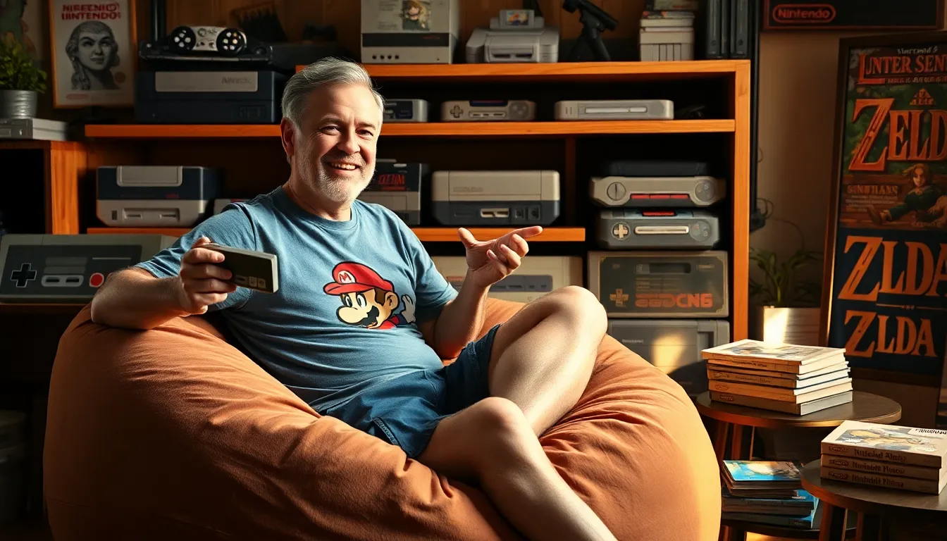 a man reminiscing about Nintendo history surrounded by vintage consoles.