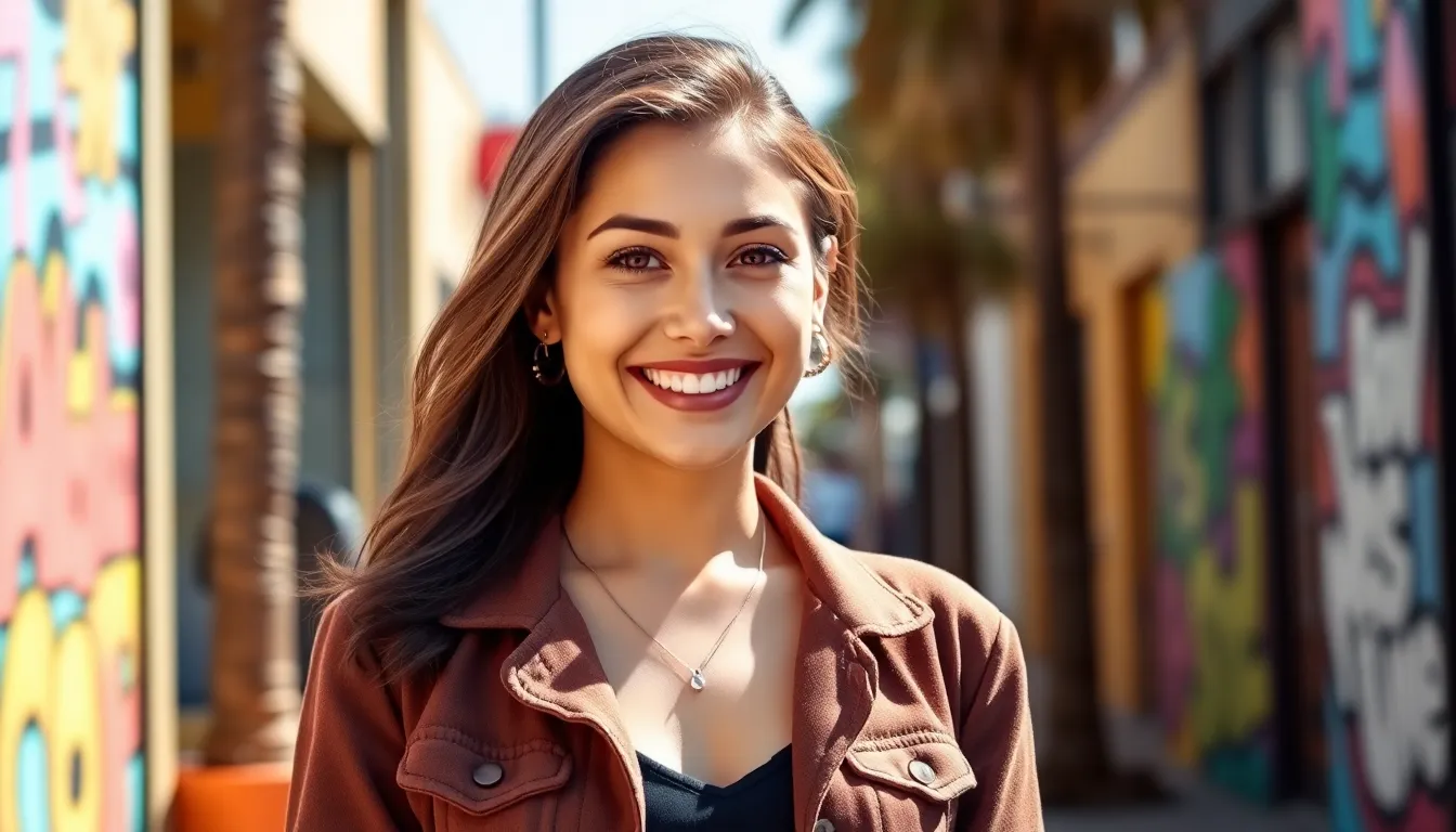FabulousJenna00 smiling in a vibrant California street setting.