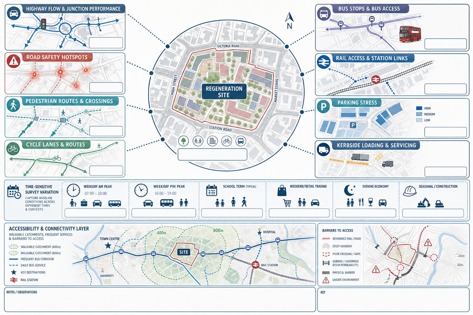 Urban transport baseline infographic with site access, surveys, timing, and constraints.
