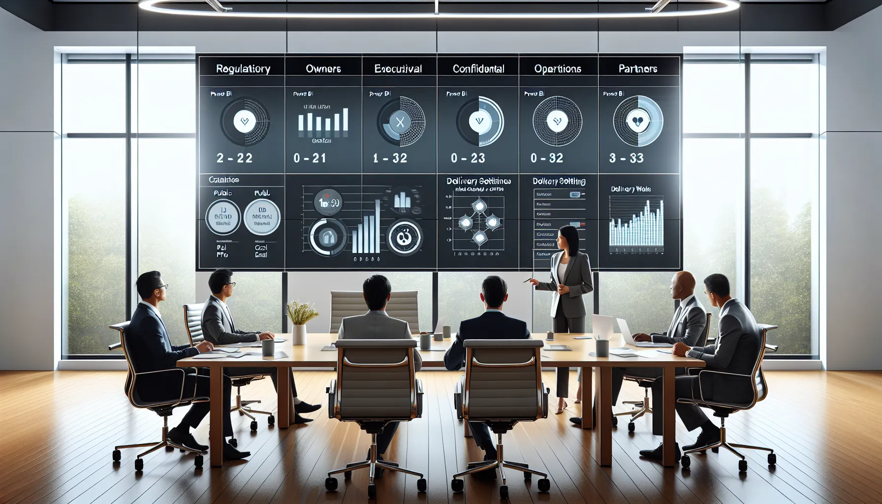 Business team planning Power BI report scheduling, governance, and delivery in a modern office.