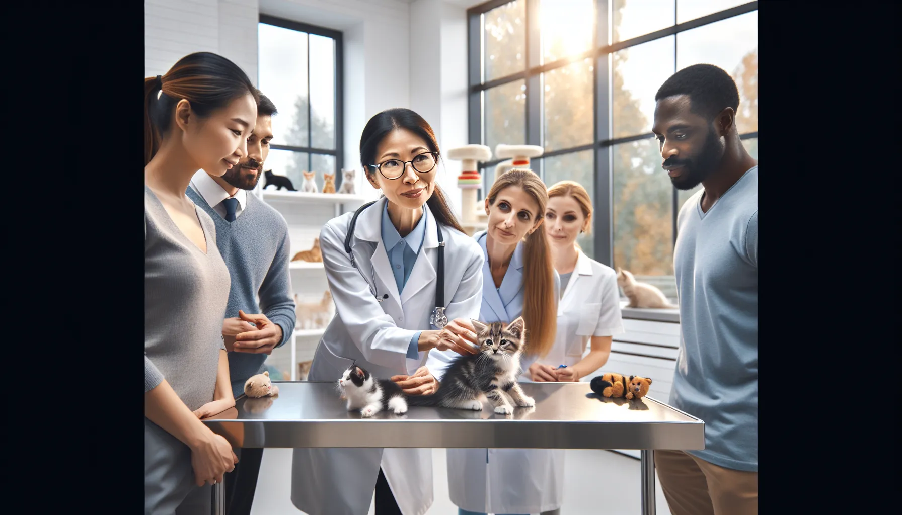 professionals in a veterinary clinic training on kitten socialization.