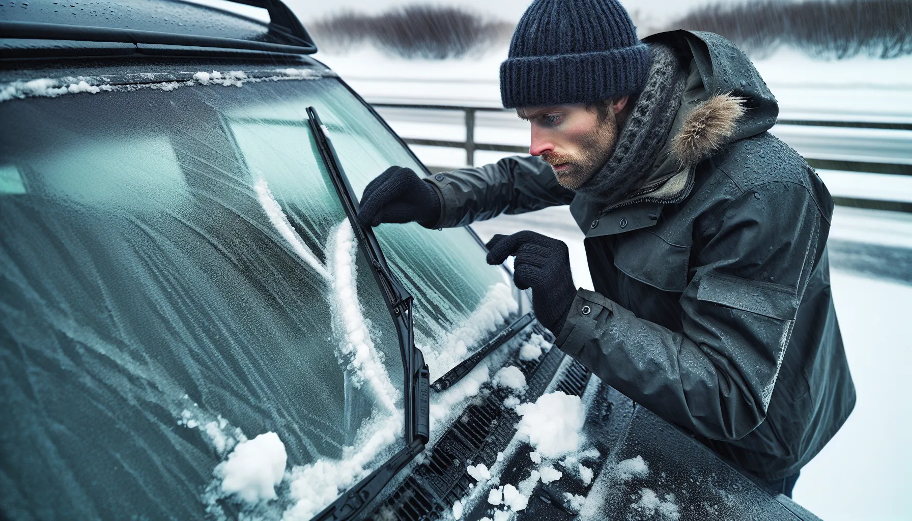 Man inspecting cracked wiper blade on a salty windshield in norwegian winter.