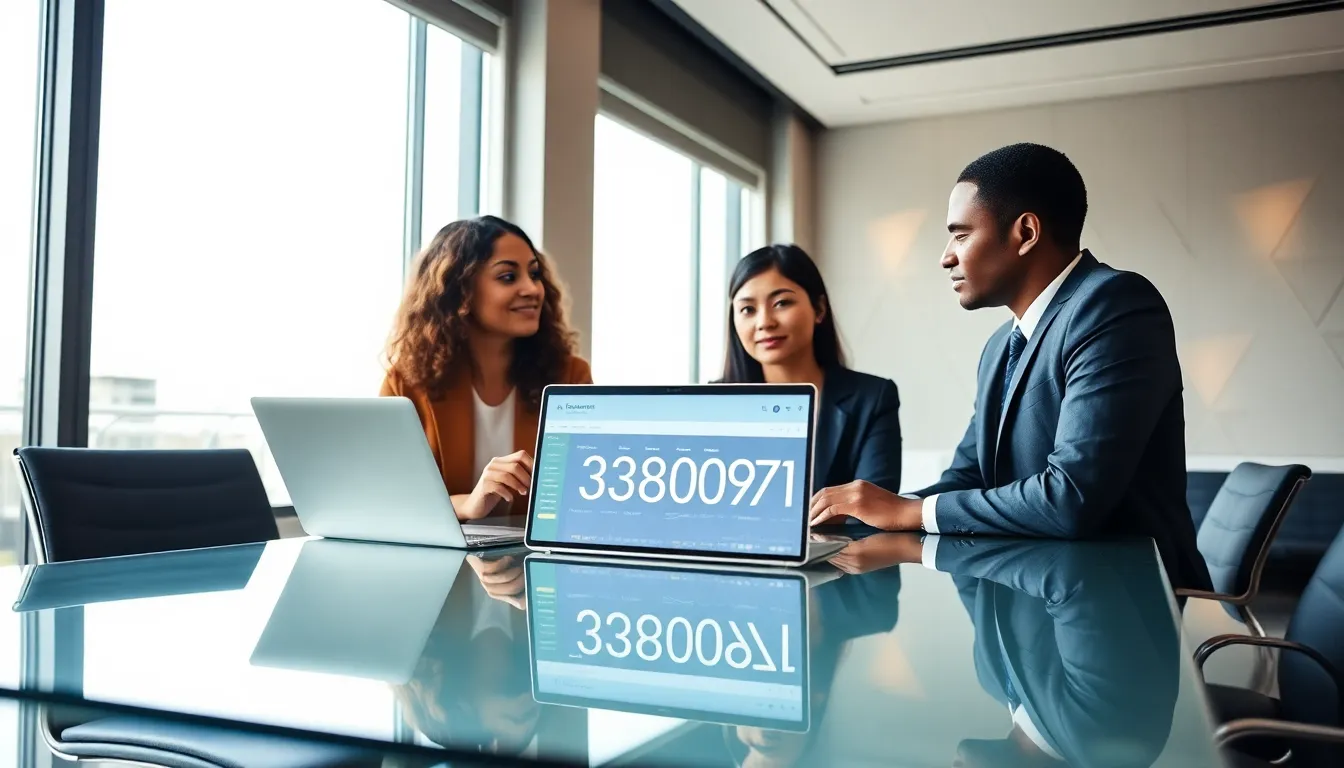 diverse professionals discussing a unique identifier in a modern office.