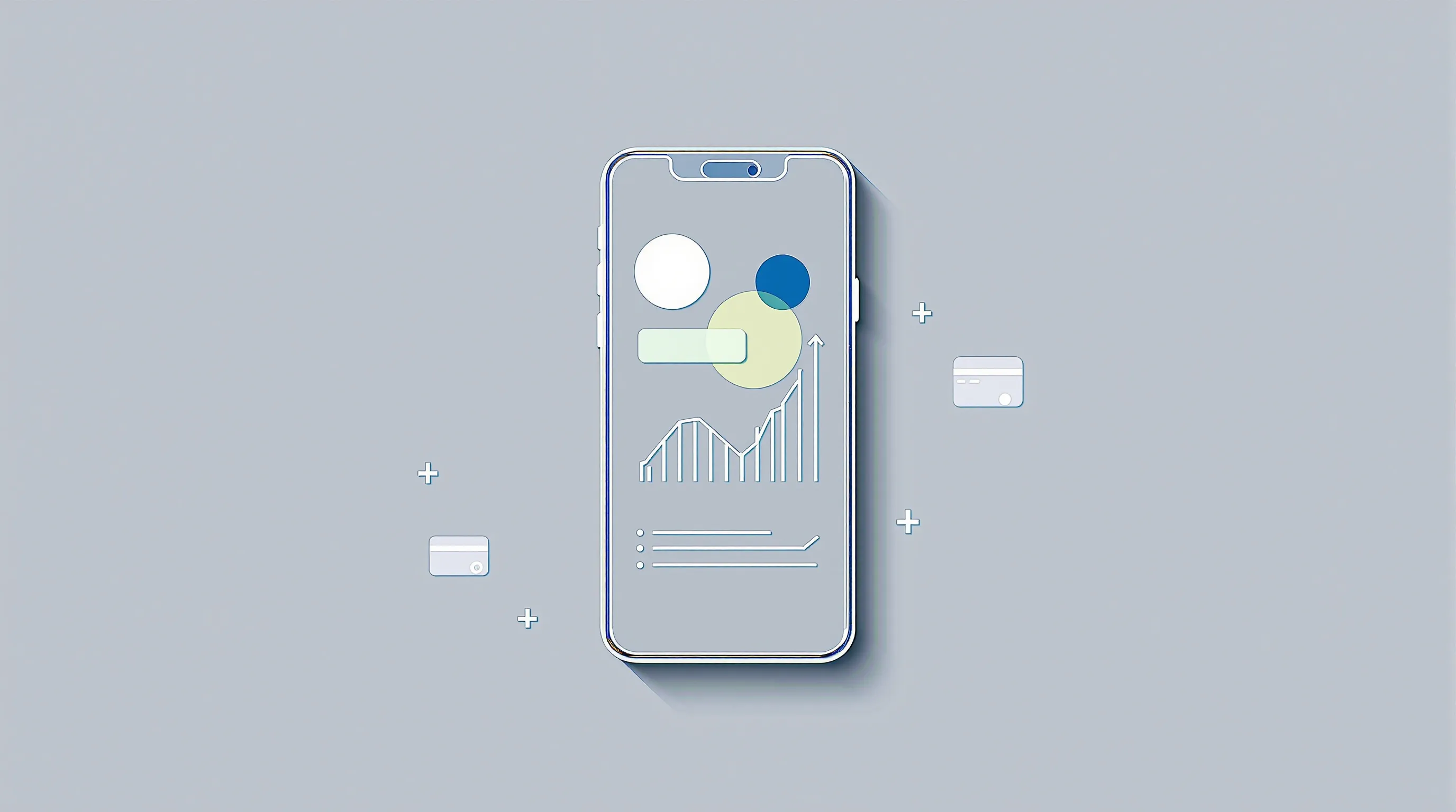 Smartphone displaying a minimal financial dashboard with simple icons on white background.
