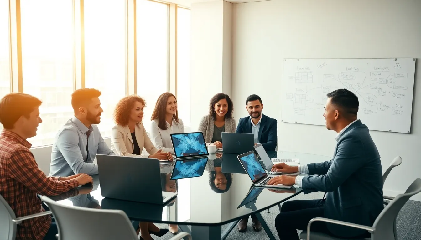 diverse team discussing technology concepts in a modern office.