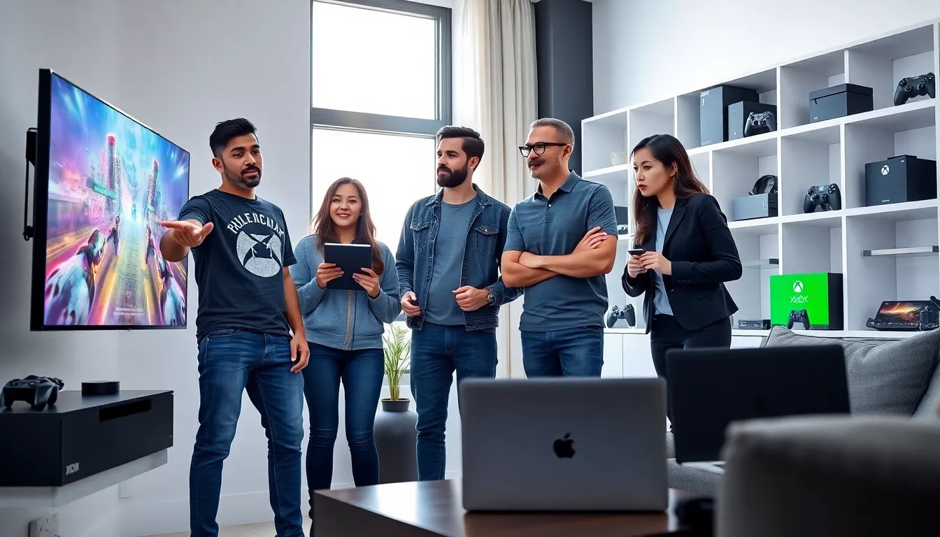 group discussing Xbox gaming in a modern room.