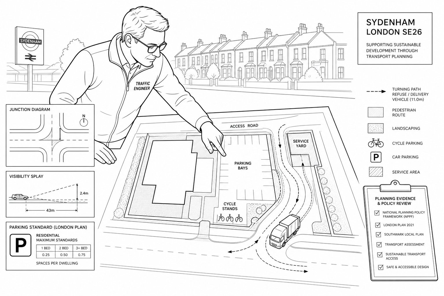 Traffic engineer reviewing a development site plan with road and parking details.