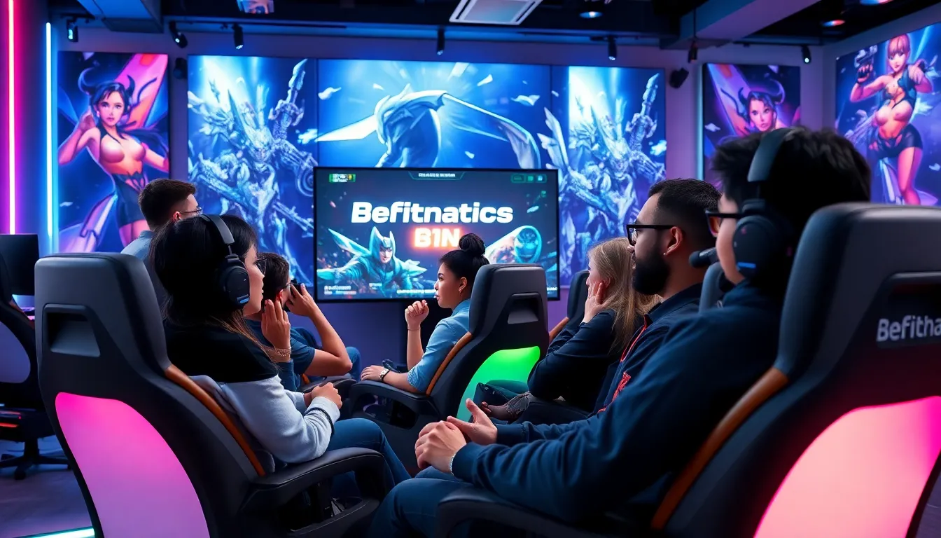 diverse gamers interacting with a new Befitnatic game update.