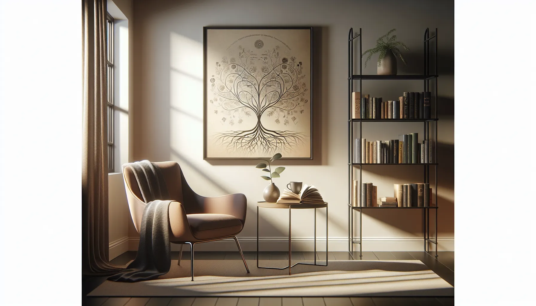 cozy reading nook with books and a warm cup of tea.