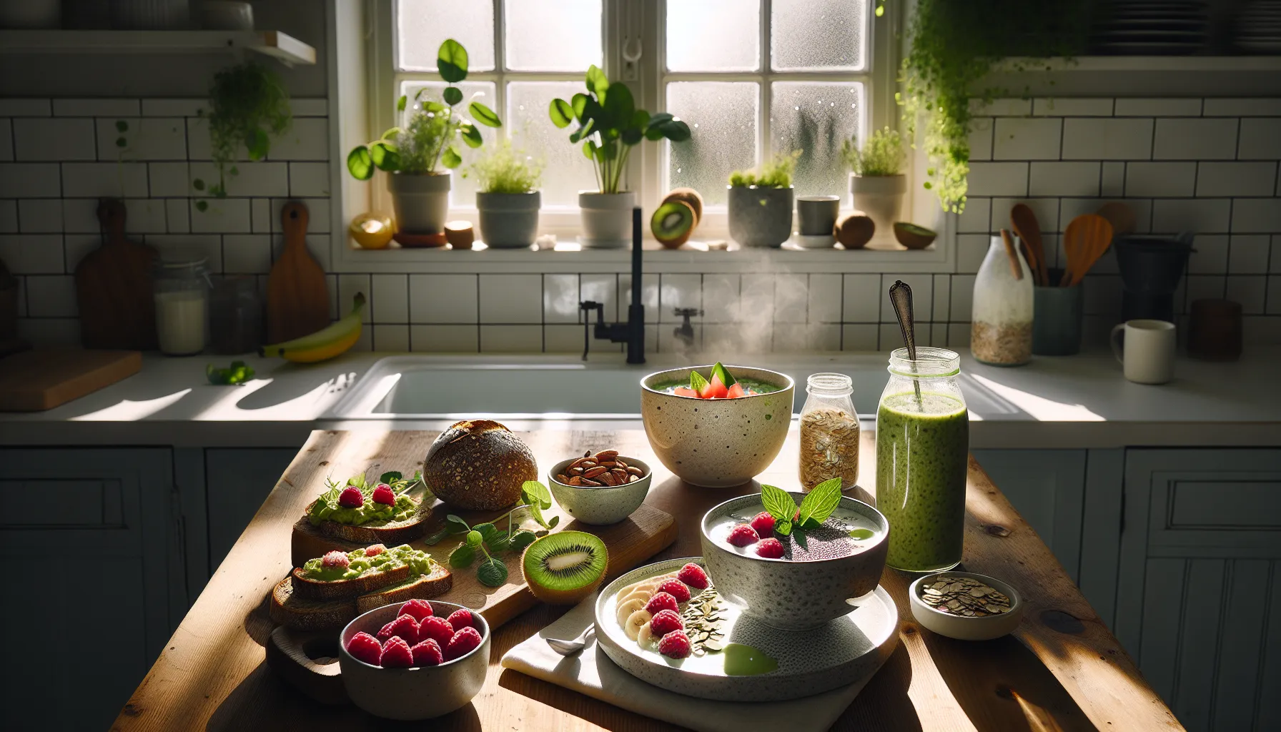 Nordic kitchen breakfast with chia pudding, avocado toast, and green smoothie bowl.