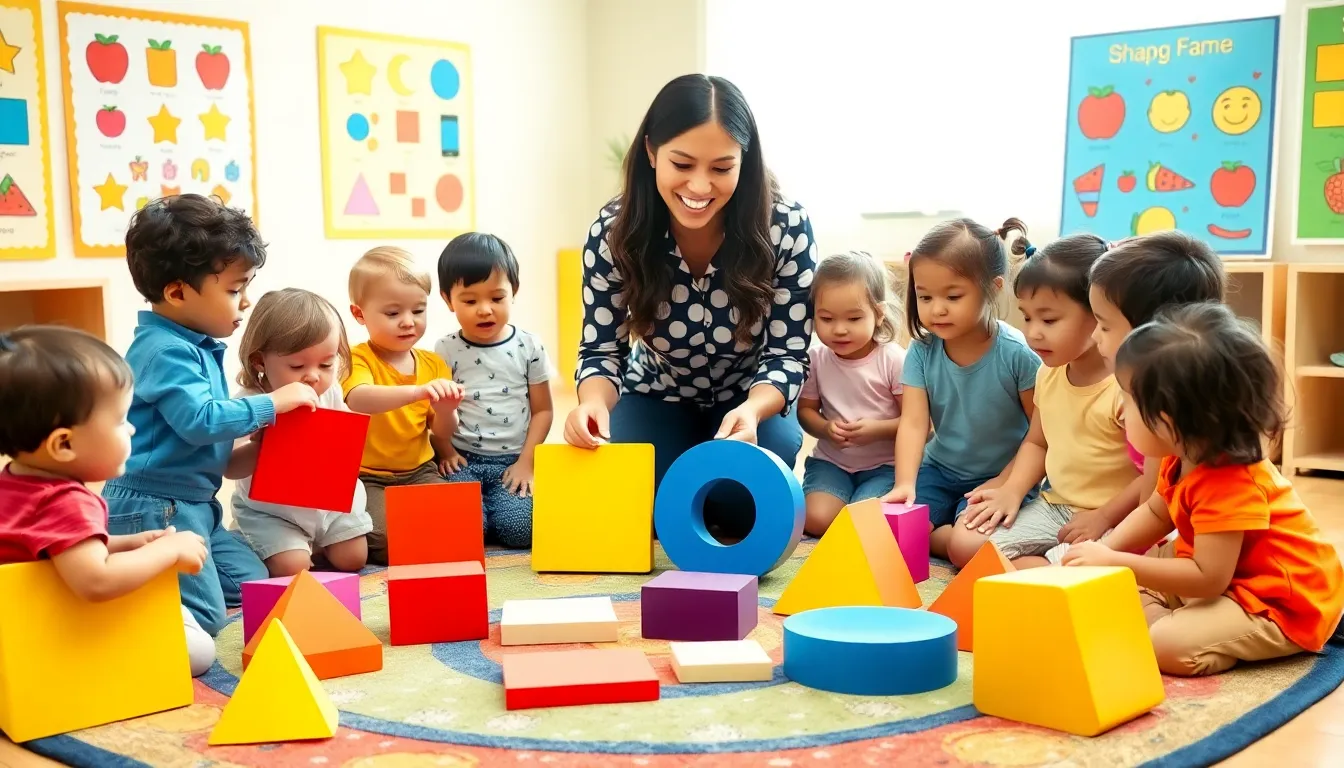 children learning about shapes in a colorful preschool classroom.