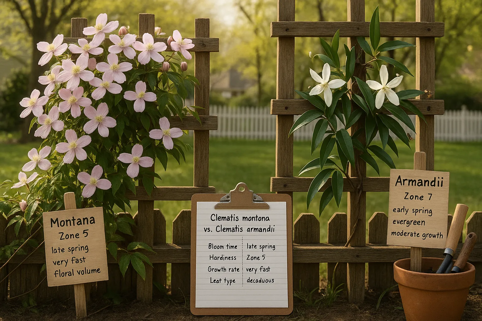 Side-by-side trellises: pink Clematis montana and glossy-leaved white Clematis armandii.