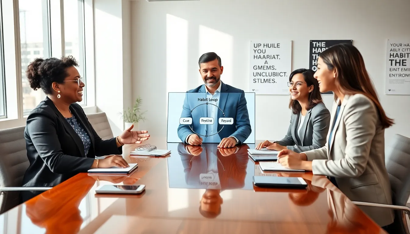 diverse professionals discussing habit education in a modern office.