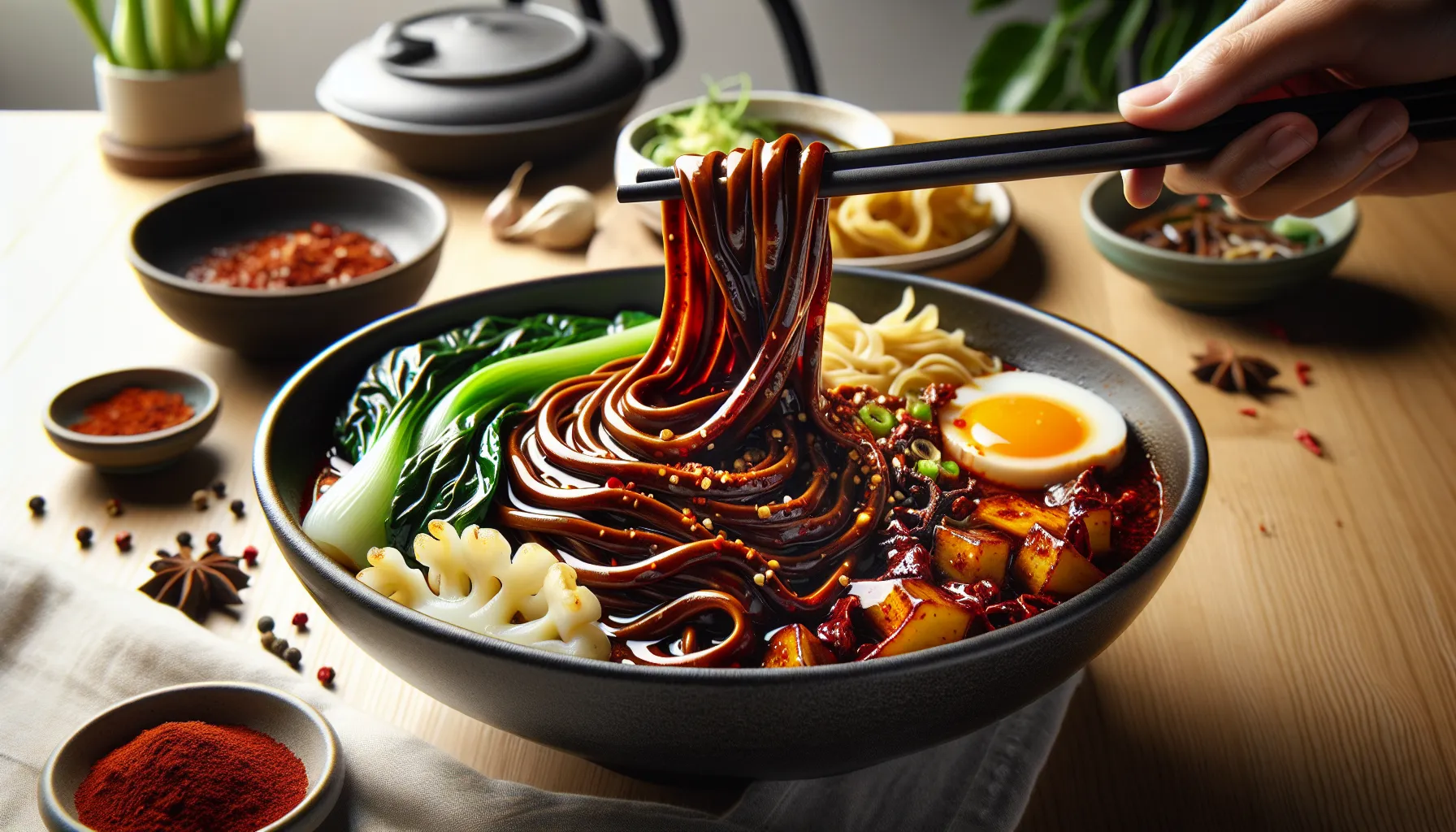 Chopsticks lift chili-oil biangbiang noodles, with mala and mazemen behind.