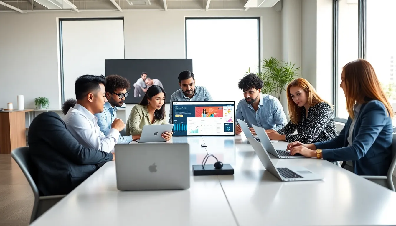 diverse team of developers collaborating in a modern office.