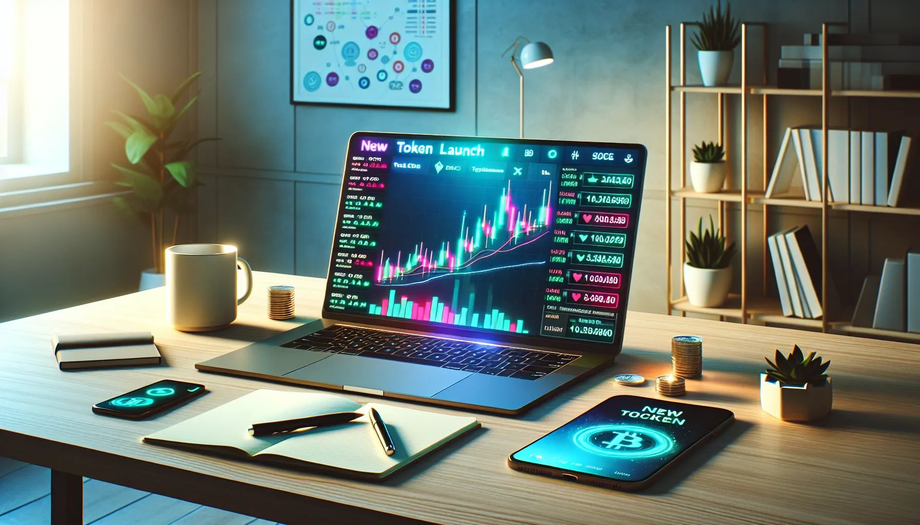 New Token Launches: Navigate the 2025 Market 2 Laptop displaying cryptocurrency exchange with new token launch notification on modern desk.