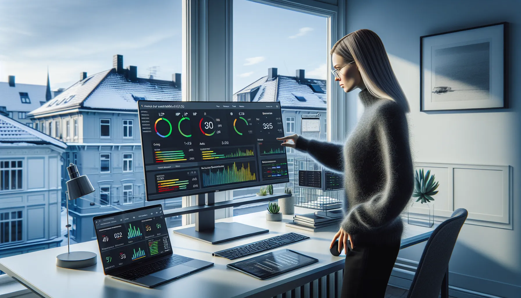 Norwegian analyst reviews core web vitals field and lab dashboards in office.