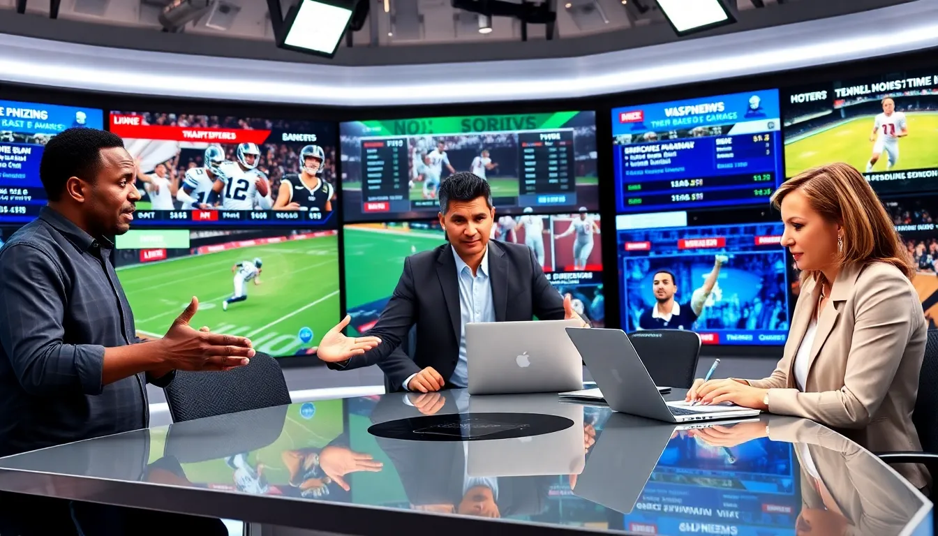 journalists discussing sports news in a modern newsroom setting.