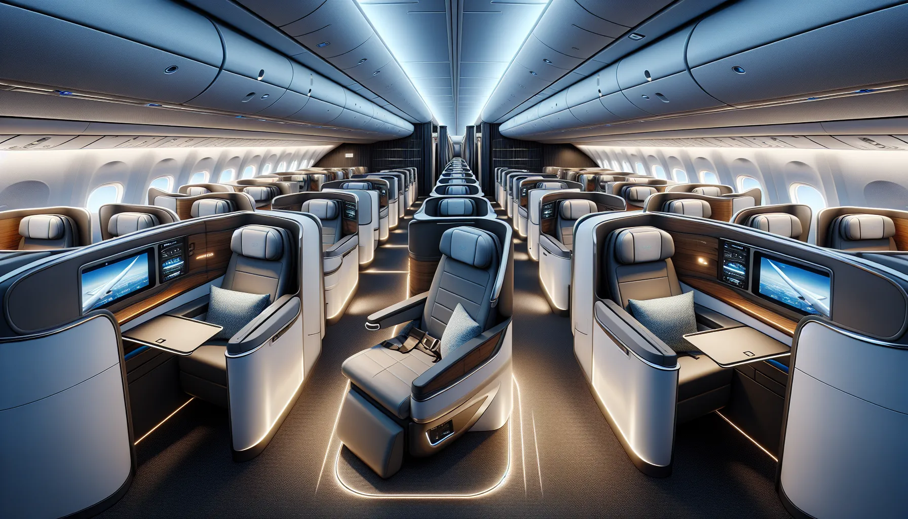 Interior of an airplane showcasing Premium Economy and Business Class sections.