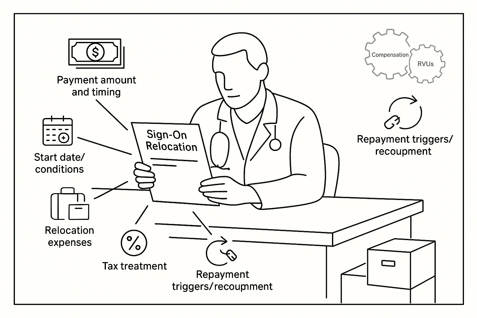 Physician assistant at desk reviewing a contract with payment and relocation icons of Physician Assistant Sign-On Bonus And Relocation Review.