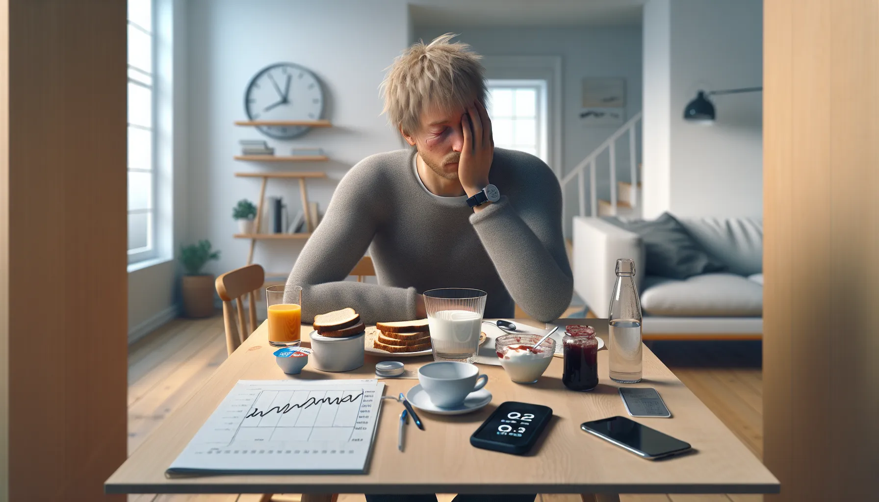 Tired norwegian adult at breakfast table with sugary foods and visible fatigue.