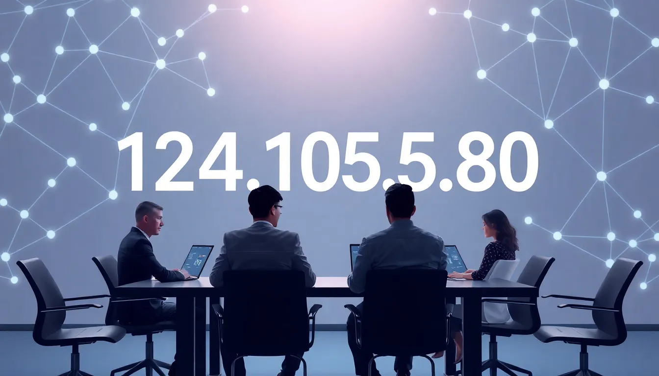 Illustration of IP address concept with professionals in a modern office.