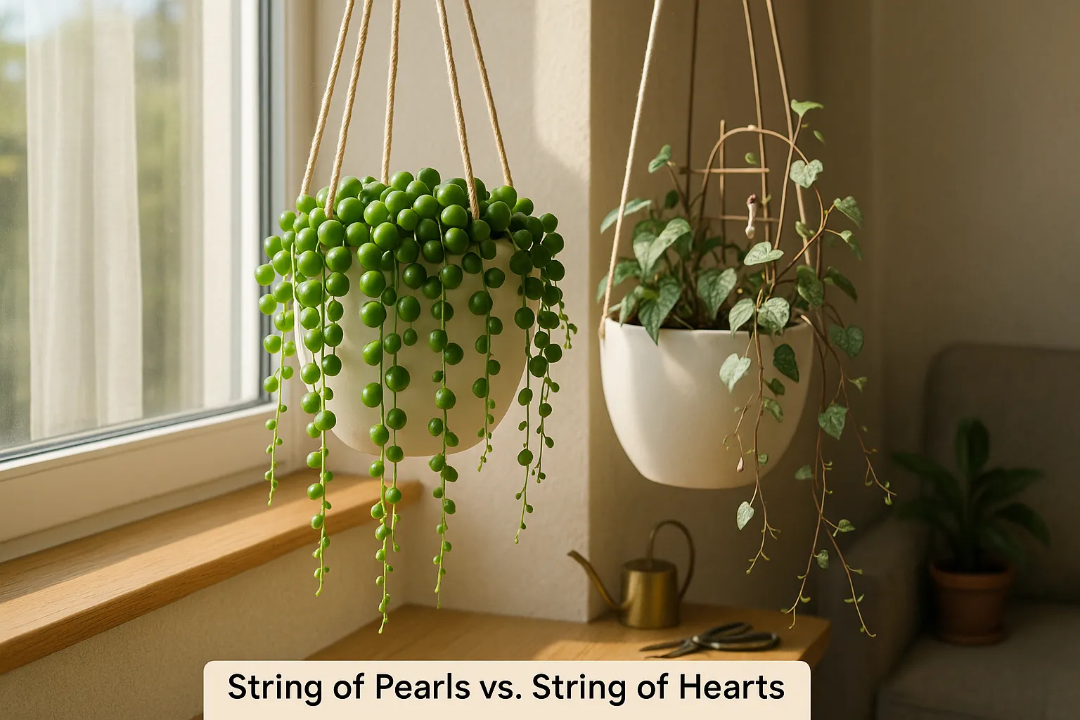 Two hanging plants near a window: String of Pearls and String of Hearts.